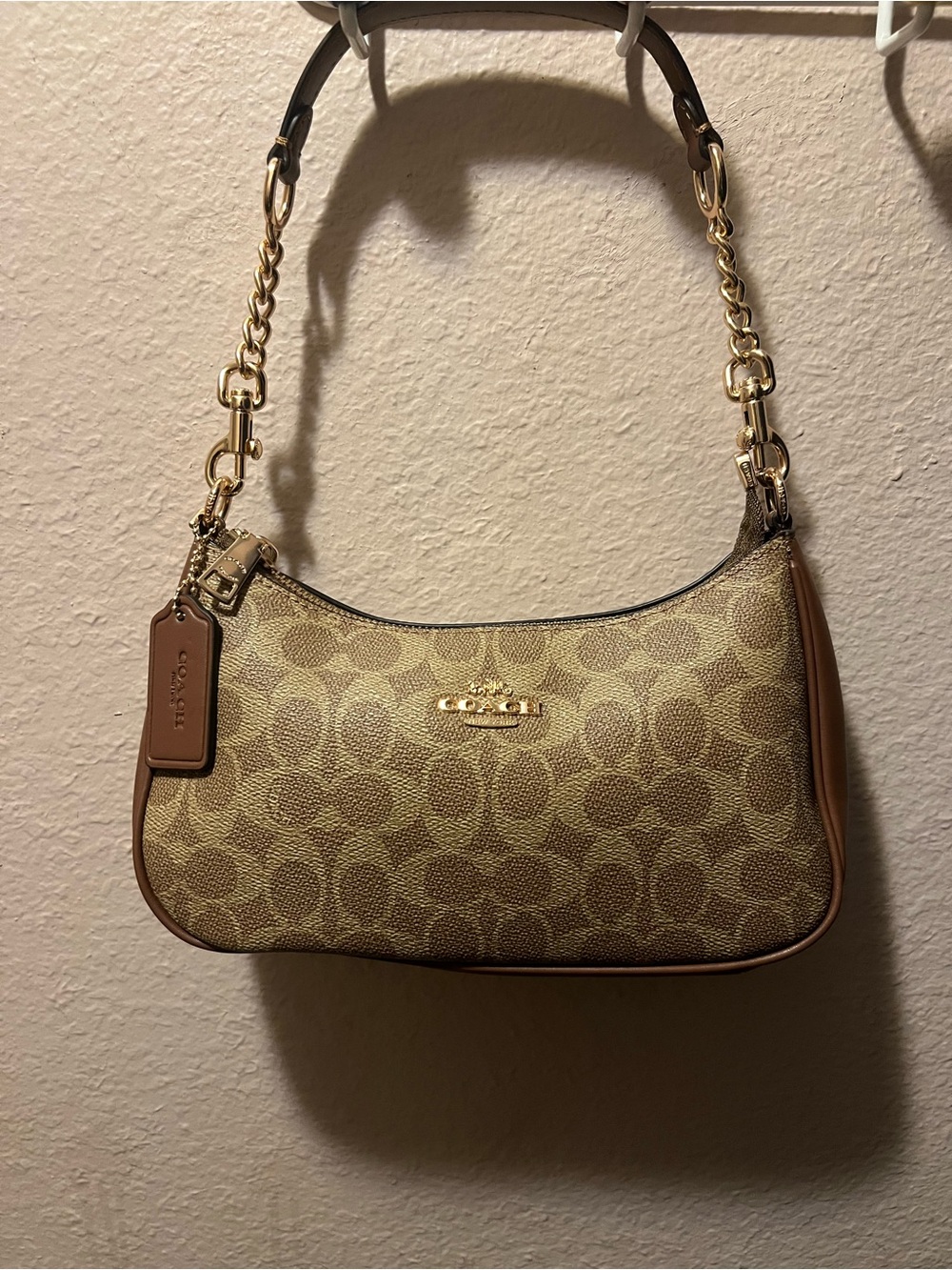 Coach Brown Signature Canvas Shoulder Bag with Gold Hardware